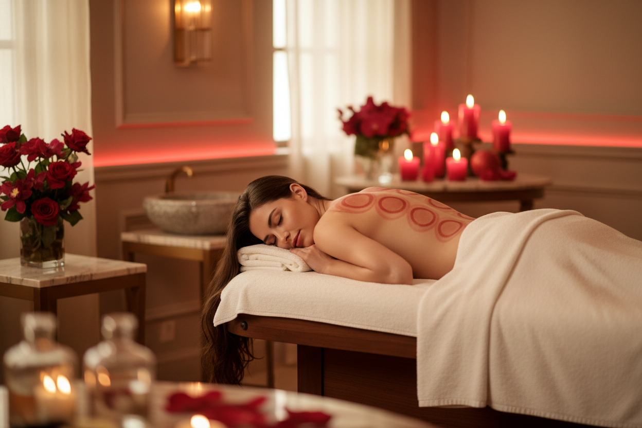 A premium lifestyle hero image set in a luxurious wellness environment with refined textures and rich red color accents. A relaxed woman lies down after a therapeutic cupping massage, with natural circular cupping marks visible on her upper back or shoulder, symbolizing deep muscle relief and improved circulation. She is fully covered with spa towels or linens, ensuring no intimate or sexual areas are visible. Her hair is either completely wrapped in a spa towel and not visible, or long and flowing natural