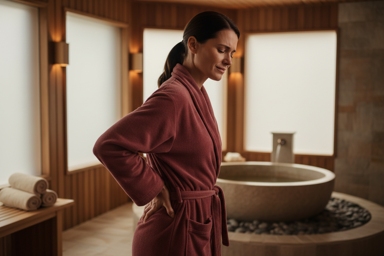 🩺 Back Pain — Spa Environment Prompt

High-quality, realistic cinematic photo of a single adult in a serene spa environment, seated or standing with subtle lower back discomfort. Hands resting gently on the lower back, posture showing stiffness after long days. Warm, diffused spa lighting, soft towels, natural textures, and muted deep red accents. Calm, premium wellness atmosphere, shallow depth of field, natural skin texture, anatomically correct proportions. No product visible